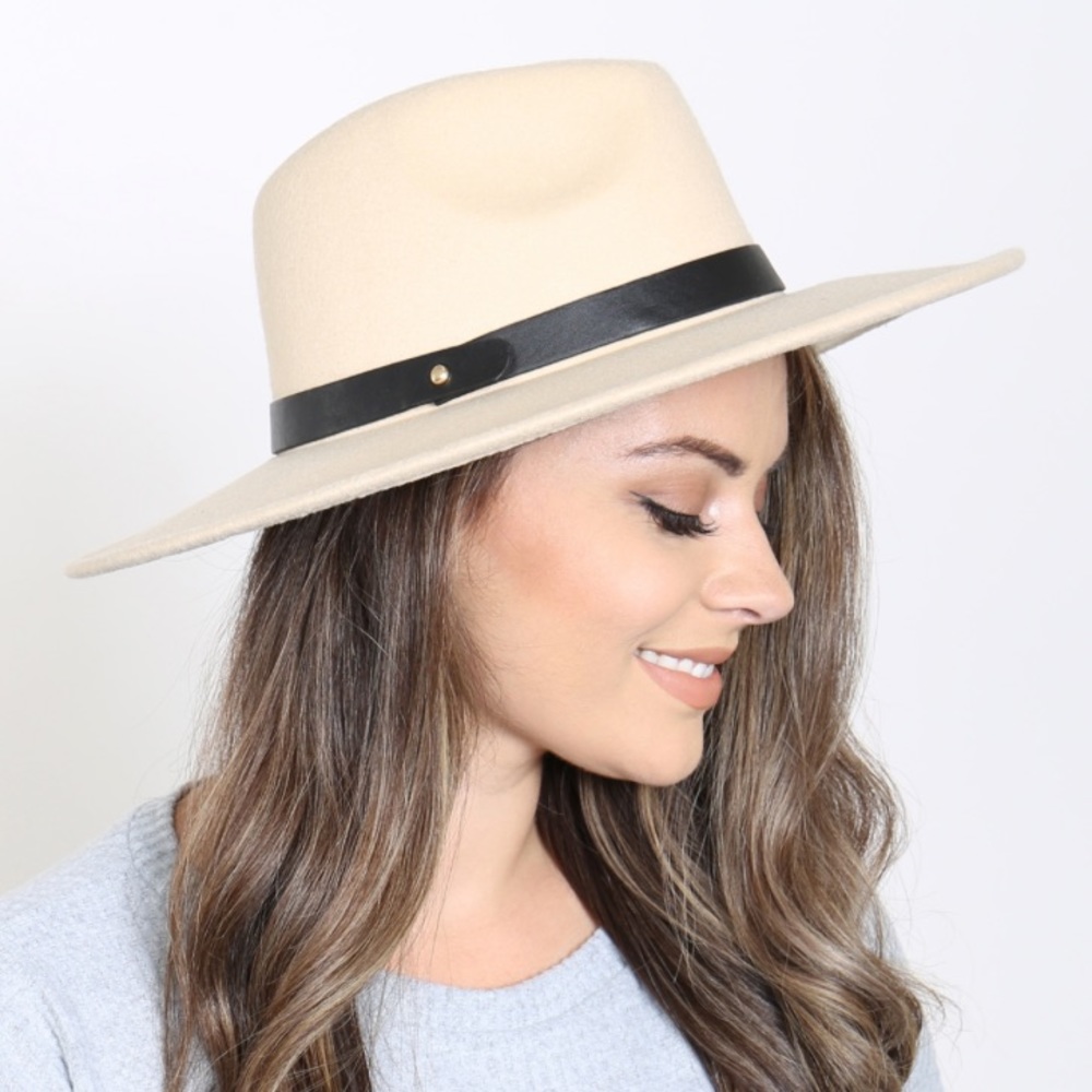 Ivory Brim Fashion Hat with Leather Strap Accent